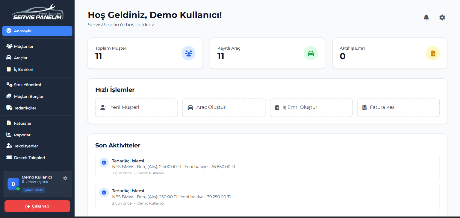 ServisPanelim Dashboard - Araç servis yönetim paneli